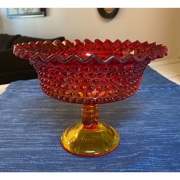 Vtg Fenton Red Yellow Amberina Ruffled Edge Hobnail Pedestal Compote Candy Dish